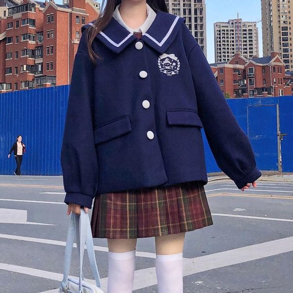 women's wool & blends japanese sweet soft girl coat 2021 winter full sleeve kawaii sailor collar woolen jacket cute jk uniform cardigan, Black
women's wool & blends japanese sweet soft girl coat 2021 winter full sleeve kawaii sailor collar woolen jacket cute jk uniform cardigan, Black