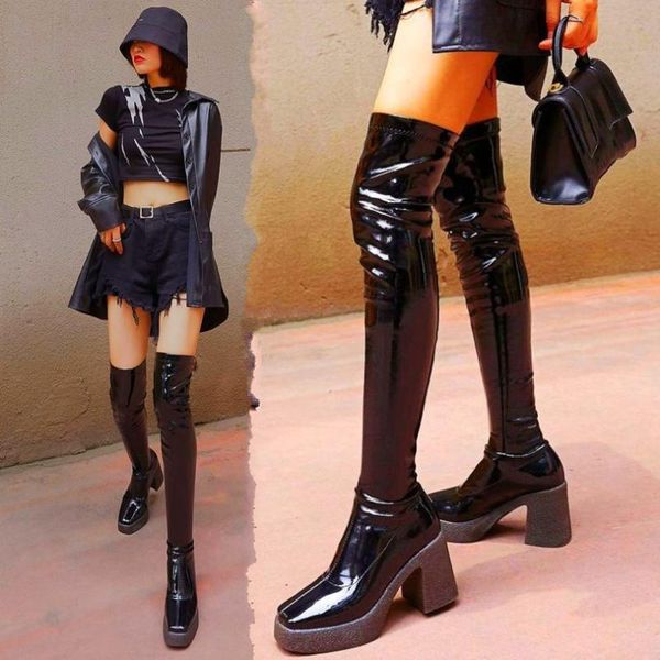 boots punk goth party women's square toe stretchy thigh high over the knee platform heel tall long 34-39, Black
boots punk goth party women's square toe stretchy thigh high over the knee platform heel tall long 34-39, Black