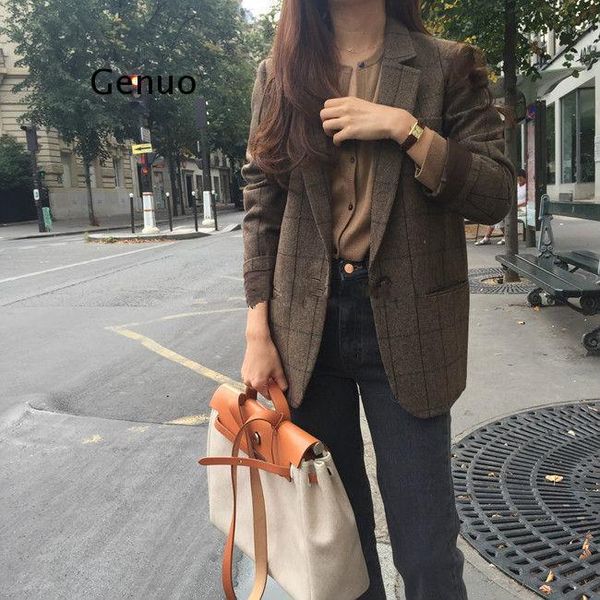 women's suits & blazers spring korean vintage plaid women fashion loose notched single button blazer female casual coat, White;black
women's suits & blazers spring korean vintage plaid women fashion loose notched single button blazer female casual coat, White;black