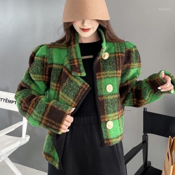 women's wool & blends women green plaid woolen jacket short coat, Black
women's wool & blends women green plaid woolen jacket short coat, Black
