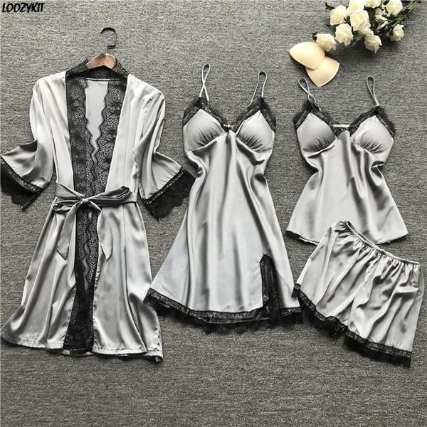 fashion women pajamas sets satin sleepwear silk 4 pieces nightwear pyjama strap lace sleep lounge pijama with chest pads women's swimwe, White;black
fashion women pajamas sets satin sleepwear silk 4 pieces nightwear pyjama strap lace sleep lounge pijama with chest pads women's swimwe, White;black