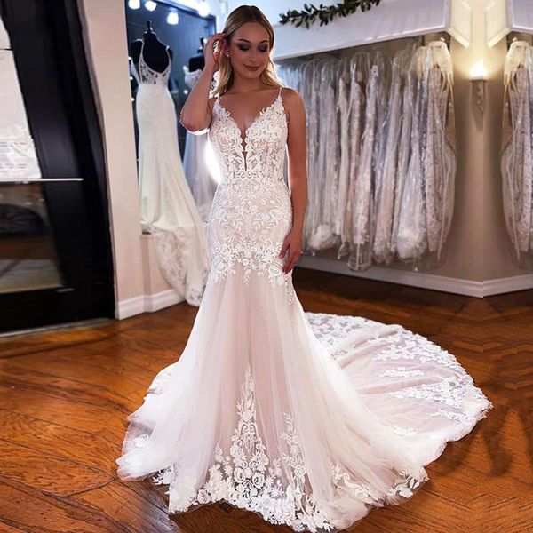 spaghetti neck boho lace mermaid wedding dresses with appliques court train tulle beach plus size bridal gowns, White
spaghetti neck boho lace mermaid wedding dresses with appliques court train tulle beach plus size bridal gowns, White