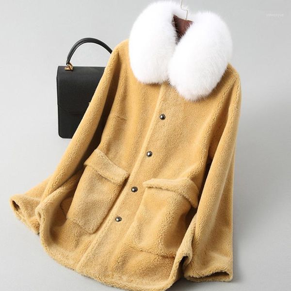 women's fur & faux autumn winter natural sheep shearing coat elegant short warm overcoat with real collar jacket women a040, Black
women's fur & faux autumn winter natural sheep shearing coat elegant short warm overcoat with real collar jacket women a040, Black
