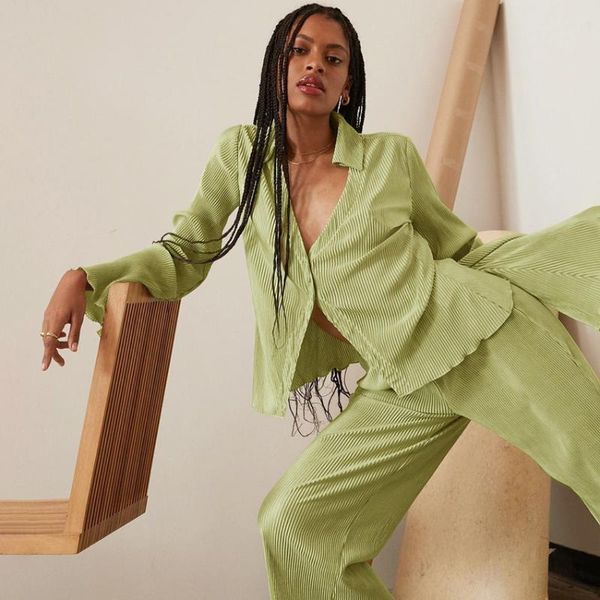 women's two piece pants vintage pleated elegant pant set autumn flare long sleeve v-neck shirt loose sets women, White
women's two piece pants vintage pleated elegant pant set autumn flare long sleeve v-neck shirt loose sets women, White