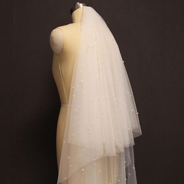 bridal veils pearls wedding veil 2 layers cover face long with white ivory soft t accessories, Black
