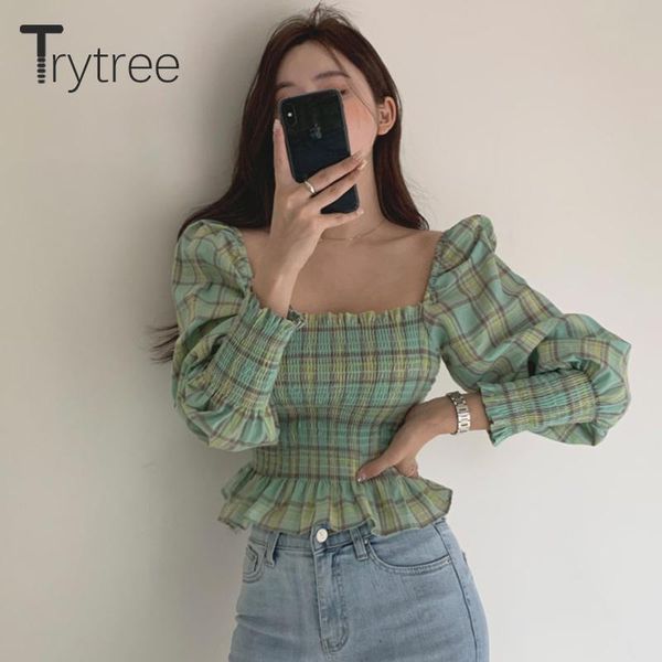 women's blouses & shirts trytree 2021 autumn women blouse casual square collar elastic bust waist ruffles hem plaid short streetwear, White
women's blouses & shirts trytree 2021 autumn women blouse casual square collar elastic bust waist ruffles hem plaid short streetwear, White