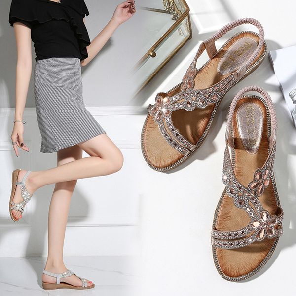 2021 bohemia will see women zapatos of ladies bling crystal flower flat beach shoes sandals alias mujer 258 5v7t, Black