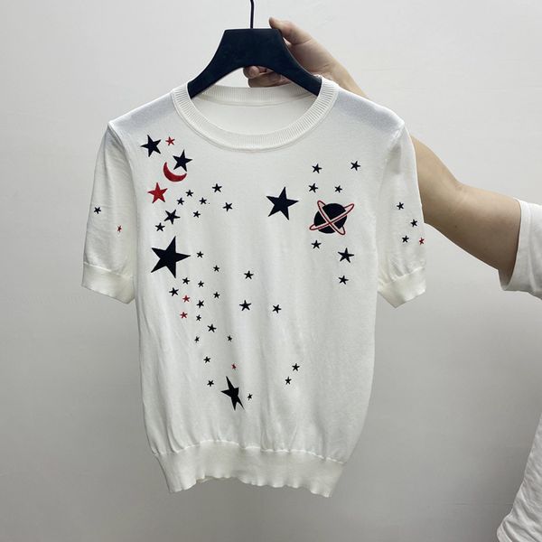 t shirt 2021 summer heavy industry embroidery star sky pattern ice silk loose knit versatile pullover fashion, White
t shirt 2021 summer heavy industry embroidery star sky pattern ice silk loose knit versatile pullover fashion, White