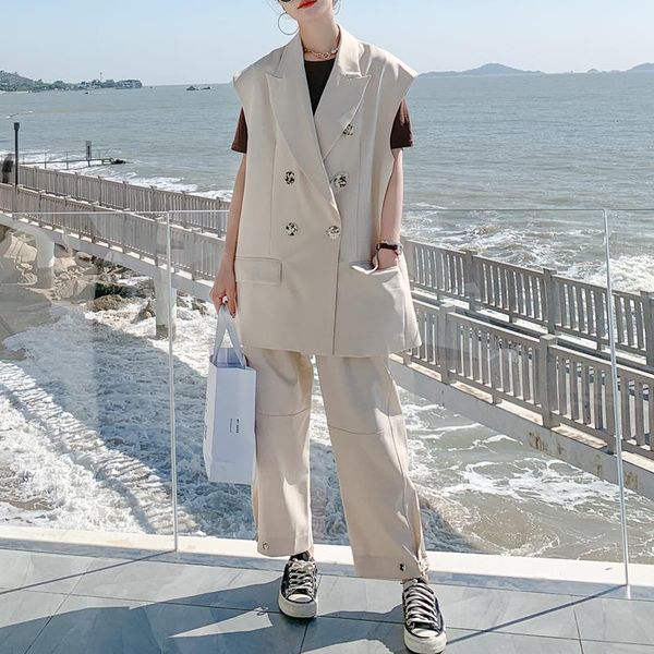 women's two piece pants spring autumn suit female offical lady double breasted sleeveless blazer women+high waist loose suits, White
women's two piece pants spring autumn suit female offical lady double breasted sleeveless blazer women+high waist loose suits, White