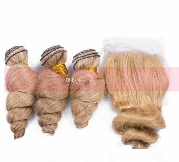 honey blonde peruvian virgin loose curly human hair weft with closure #27 loose wave hair bundles with lace closure, Black;brown 
honey blonde peruvian virgin loose curly human hair weft with closure #27 loose wave hair bundles with lace closure, Black;brown