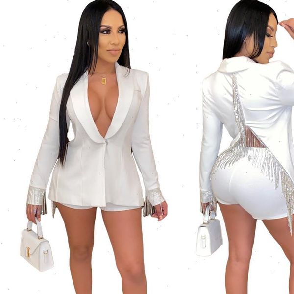 new women set tassel deep v neck suit jacket coat and shorts two piece outfits, Gray