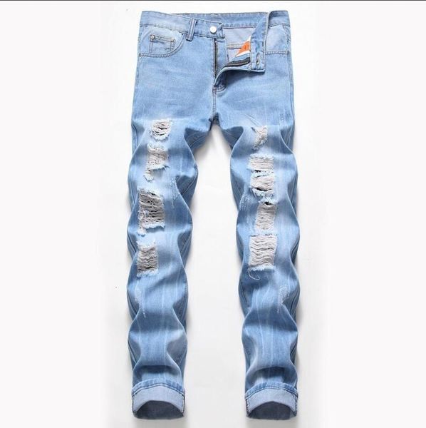 big size mens classic straight leg ripped jeans fashion designer slim fit washed solid hole biker hip hop denim pants jb2, Blue 
big size mens classic straight leg ripped jeans fashion designer slim fit washed solid hole biker hip hop denim pants jb2, Blue
