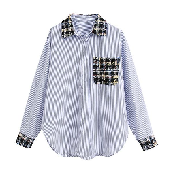 women's blouses & shirts sweet tweed patchwork striped long sleeve pockets loose female cute work wear, White
women's blouses & shirts sweet tweed patchwork striped long sleeve pockets loose female cute work wear, White