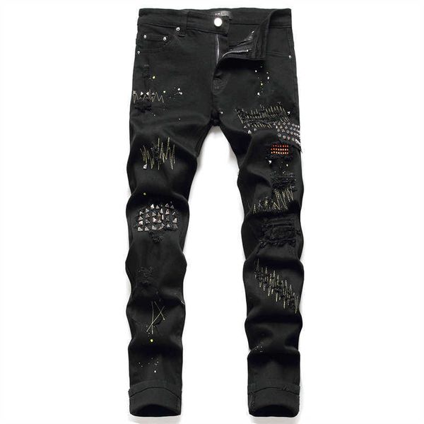 men's black stretch jeans, rhinestone tear, slim fit, 2021 series, street wear, Blue
men's black stretch jeans, rhinestone tear, slim fit, 2021 series, street wear, Blue