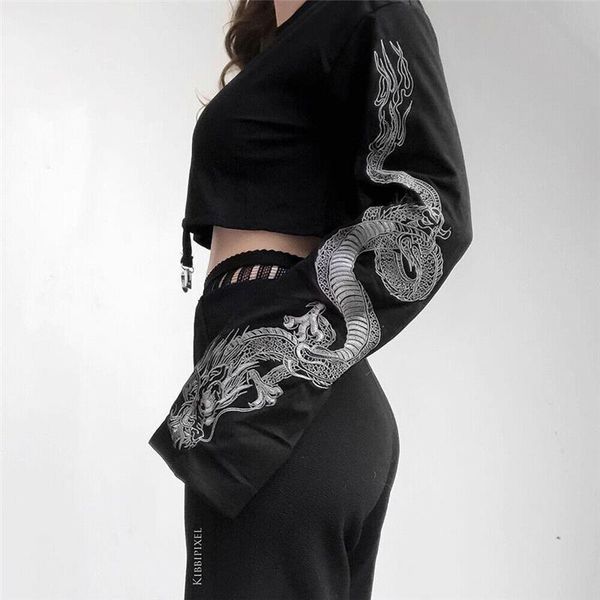 new women long sleeve crop chinese dragon print autumn spring out wear hoodies o neck casual coat pullover top, Black
new women long sleeve crop chinese dragon print autumn spring out wear hoodies o neck casual coat pullover top, Black