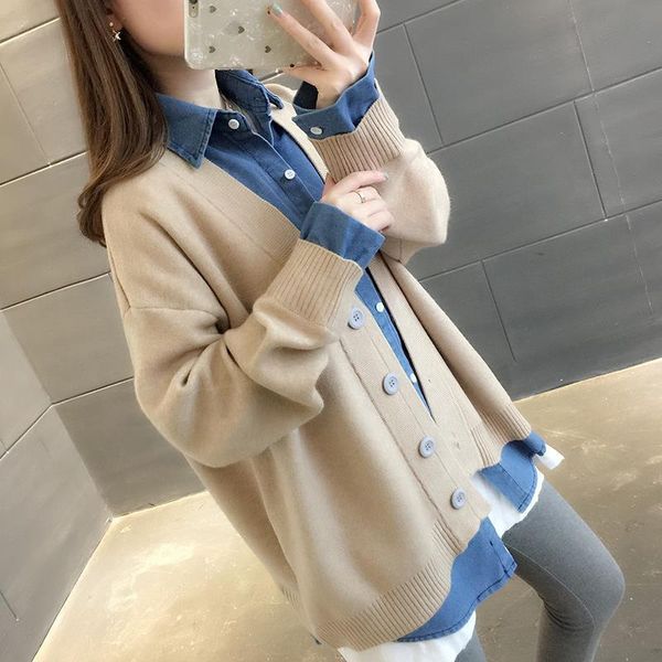 women's jacket 2021 sewing denim fake two pieces of mesh cardigans loose korean clothing robe woman's sweater t12 hgz0, White;black
women's jacket 2021 sewing denim fake two pieces of mesh cardigans loose korean clothing robe woman's sweater t12 hgz0, White;black