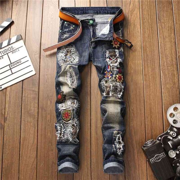 autumn winter men's patchwork ripped embroidered stretch jeans trendy holes straight denim trouers 210622, Blue
autumn winter men's patchwork ripped embroidered stretch jeans trendy holes straight denim trouers 210622, Blue