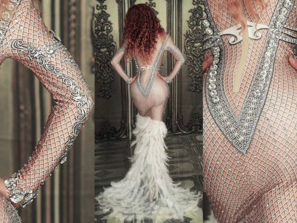 sparkly silver rhinestone white feather tail dress women evening prom celebrity party birthday long dresses singer stage costume, Black;red
sparkly silver rhinestone white feather tail dress women evening prom celebrity party birthday long dresses singer stage costume, Black;red