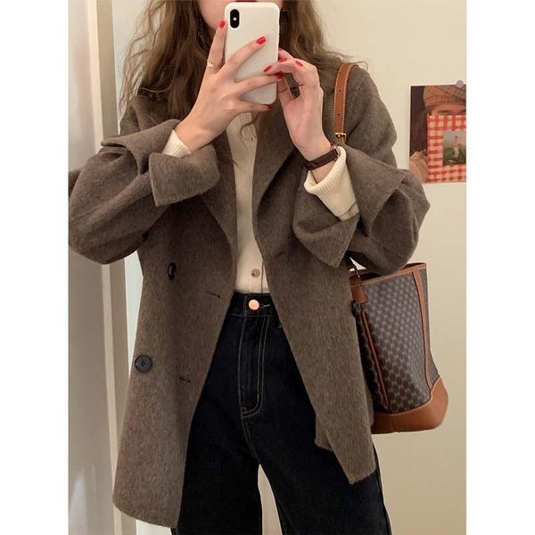 women's wool & blends factory double hand coat female 2021 loose long-sleeved short double-breasted cloth, Black
women's wool & blends factory double hand coat female 2021 loose long-sleeved short double-breasted cloth, Black