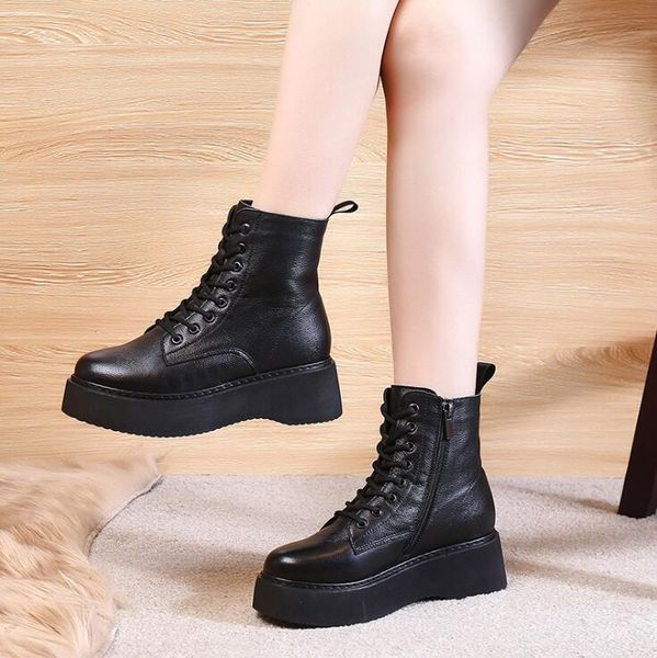 2021 leather women round toe thick bottom lace up british style women's short fashion warm, Black
2021 leather women round toe thick bottom lace up british style women's short fashion warm, Black