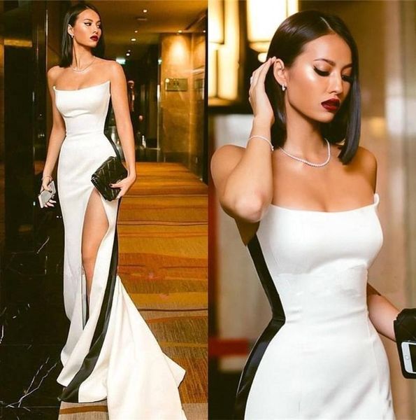 party dresses vestidos de festa modest black and white evening 2021 strapless high side split satin long prom formal gowns, White;black 
party dresses vestidos de festa modest black and white evening 2021 strapless high side split satin long prom formal gowns, White;black