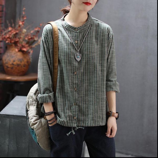 autumn arts style women long sleeve loose striped shirts stand collar vintage cotton linen blouse plus size ladies d411, White
autumn arts style women long sleeve loose striped shirts stand collar vintage cotton linen blouse plus size ladies d411, White