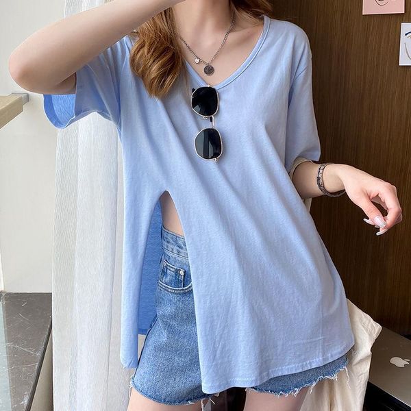 women's t-shirt woman tshirts cotton summer v-neck short-sleeved loose side slit mujer camisetas, White
women's t-shirt woman tshirts cotton summer v-neck short-sleeved loose side slit mujer camisetas, White