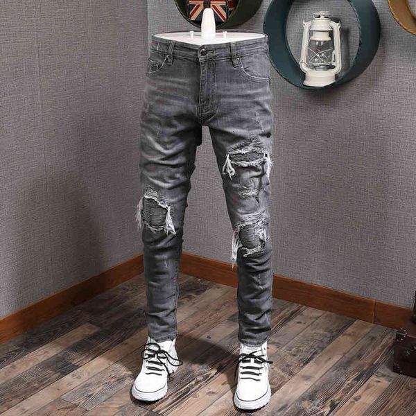men's jeans fashion streetwear gray color slim fit ripped patchwork designer punk pants hip hop homme 3oga, Blue
men's jeans fashion streetwear gray color slim fit ripped patchwork designer punk pants hip hop homme 3oga, Blue