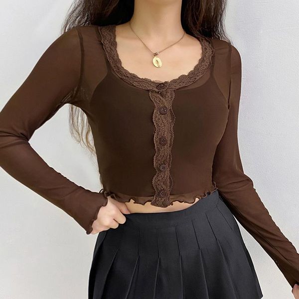 women see-through short spring fall mesh long-sleeved button shirt party round neck loose lace cropped t shirt clothes, White
women see-through short spring fall mesh long-sleeved button shirt party round neck loose lace cropped t shirt clothes, White