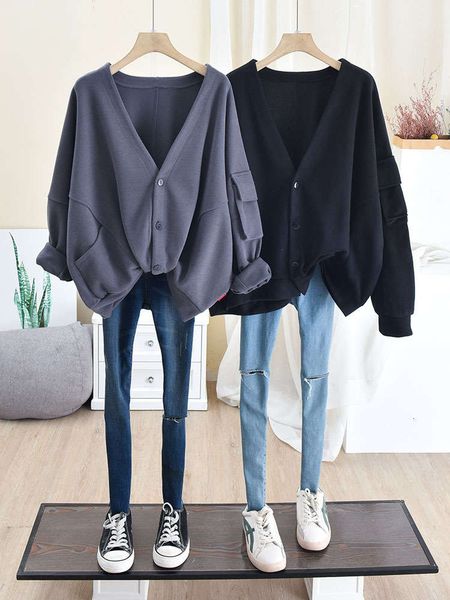 new large women's 200 jin fat mm thin coat korean loose solid color simple versatile cardigan sweater fashion, White;black
new large women's 200 jin fat mm thin coat korean loose solid color simple versatile cardigan sweater fashion, White;black