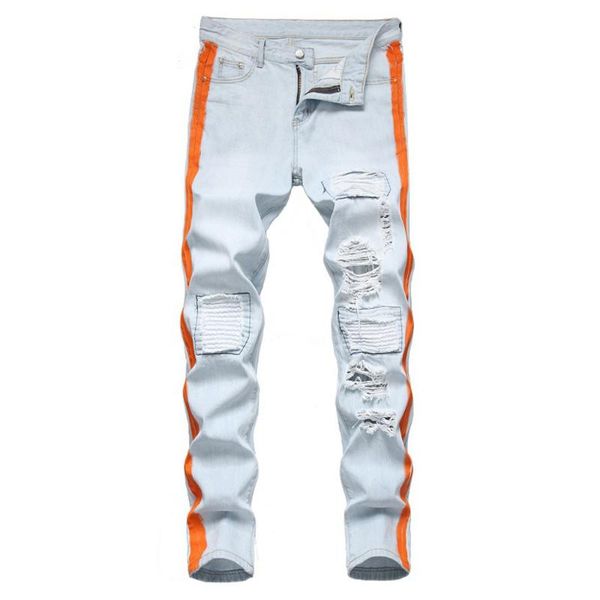 men's jeans light blue stretch denim pant 2022 spring patchwork biker jean stripe lines painted ripped streetwear pantalon homme
men's jeans light blue stretch denim pant 2022 spring patchwork biker jean stripe lines painted ripped streetwear pantalon homme