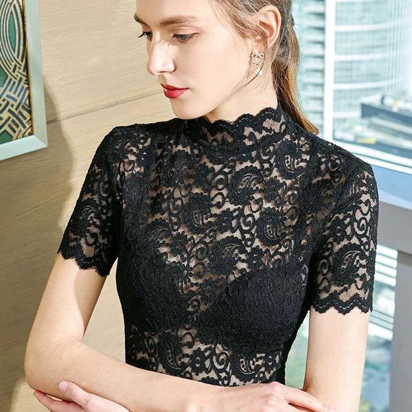 women lace blouse shirts summer elegant floral embroidery short sleeve turtleneck lace shirt female see through blouses, White
women lace blouse shirts summer elegant floral embroidery short sleeve turtleneck lace shirt female see through blouses, White