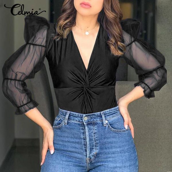 women 2021 v-neck blouses celmia fashion twisted tight wasit elegant transparent mesh puff sleeve shirts party blusas, White
women 2021 v-neck blouses celmia fashion twisted tight wasit elegant transparent mesh puff sleeve shirts party blusas, White