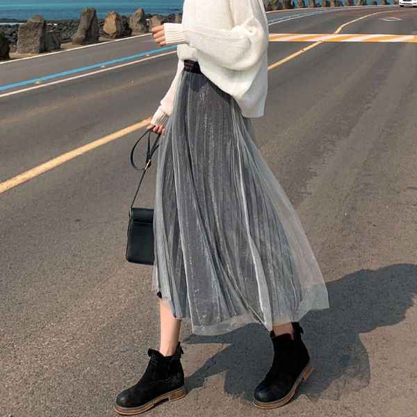 women's autumn and winter 2019 new mid length high waist a-line black mesh dress, Black;gray
women's autumn and winter 2019 new mid length high waist a-line black mesh dress, Black;gray