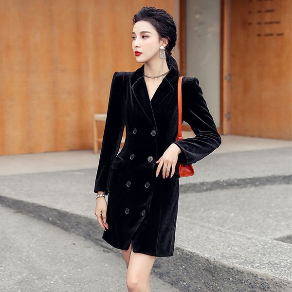 new arrival fashion women professional ol temperament suit collar double-breasted midi black simple slim velvet blazer okje, White;black
new arrival fashion women professional ol temperament suit collar double-breasted midi black simple slim velvet blazer okje, White;black