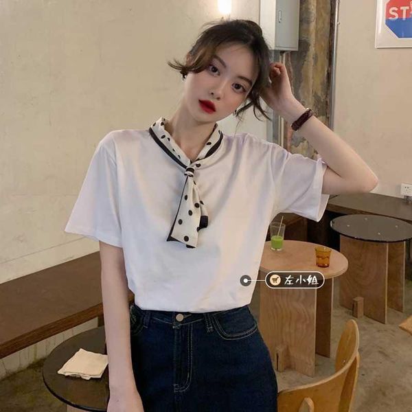 women's blouses & shirts summer 2021 design small wave point bow splicing short sleeve t-shirt casual half upper garment, White
women's blouses & shirts summer 2021 design small wave point bow splicing short sleeve t-shirt casual half upper garment, White