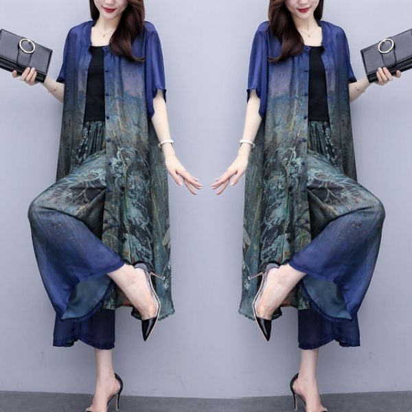 female flower two outfits summer cardigan and elastic waistband pants femme sets piece clothes upeo, White
female flower two outfits summer cardigan and elastic waistband pants femme sets piece clothes upeo, White