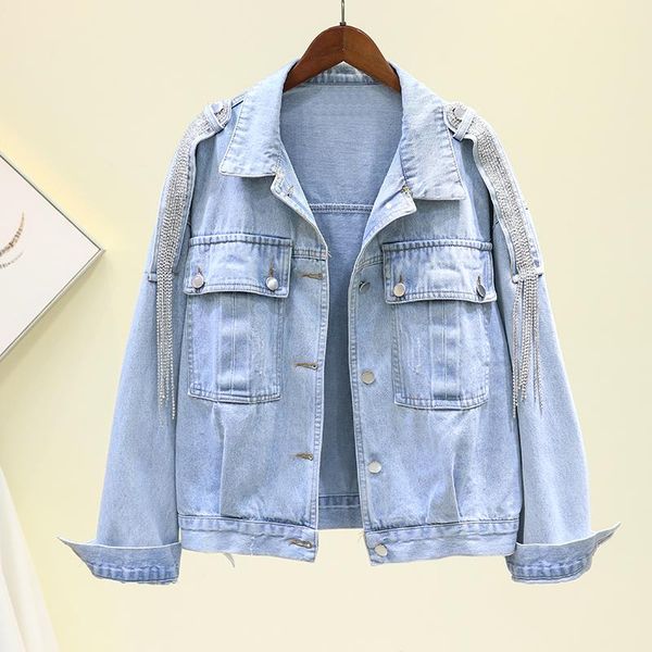 women's jackets 2021 spring long sleeve tassel diamonds jeans jacket plus size loose vintage blue denim feminino casual outerwear coats, Black;brown
women's jackets 2021 spring long sleeve tassel diamonds jeans jacket plus size loose vintage blue denim feminino casual outerwear coats, Black;brown