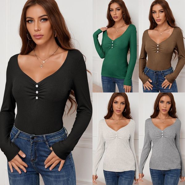 women's t-shirt solid color v-neck button long-sleeved slim bottoming top, White
women's t-shirt solid color v-neck button long-sleeved slim bottoming top, White