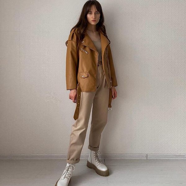 women's leather & faux spring autumn women brown jacket moto biker punk style pu coat casual loose locomotive outwear with belt, Black
women's leather & faux spring autumn women brown jacket moto biker punk style pu coat casual loose locomotive outwear with belt, Black