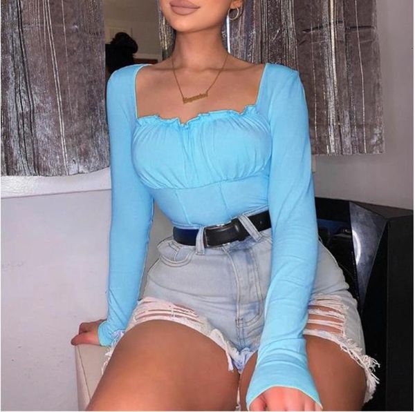 women short mouths slender girl shallow back ee square neck solid casual long mouw t-shirt, White
women short mouths slender girl shallow back ee square neck solid casual long mouw t-shirt, White