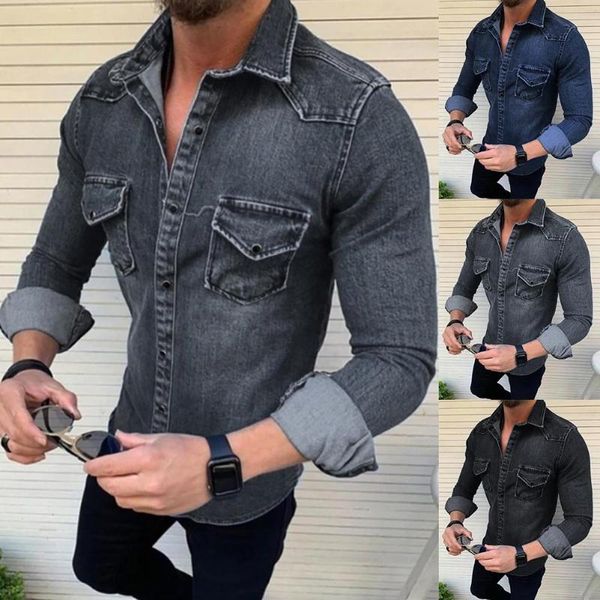 men's casual shirts men fashion pockets turn down collar long sleeve outerwear denim jacket slim buttons shirt, White;black
men's casual shirts men fashion pockets turn down collar long sleeve outerwear denim jacket slim buttons shirt, White;black