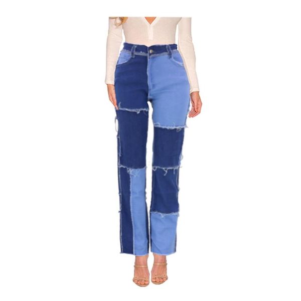 women's jeans beggar patchwork fashion high elastic casual straight women, Blue