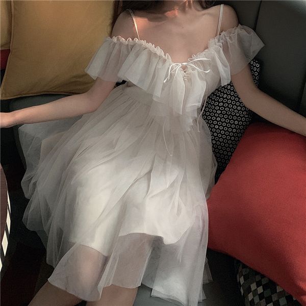 mesh ruffles slash neck off shoulder lace up women summer korean white dress women spaghetti strap dresses vestidos, Black;gray
mesh ruffles slash neck off shoulder lace up women summer korean white dress women spaghetti strap dresses vestidos, Black;gray
