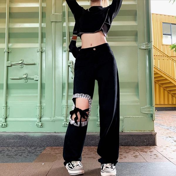 women's jeans women hollow out white lace spliced lace-up pants black gothic lady street long autumn korean fashion button trousers, Blue
women's jeans women hollow out white lace spliced lace-up pants black gothic lady street long autumn korean fashion button trousers, Blue