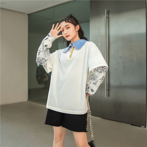 2021 new autumn stitching color printing polo collar fake two long-sleeved loose sweatshirt k168, Black
2021 new autumn stitching color printing polo collar fake two long-sleeved loose sweatshirt k168, Black