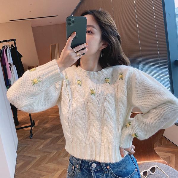 women's sweaters white high-waist short embroidered fresh pastoral style cute knitted flower sweater, White;black
women's sweaters white high-waist short embroidered fresh pastoral style cute knitted flower sweater, White;black