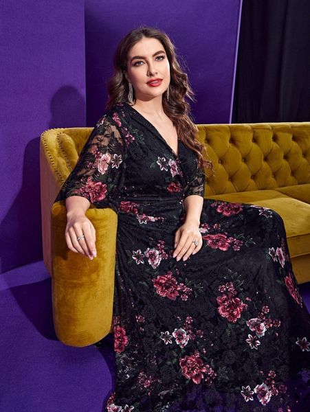plus floral print flutter sleeve overlap collar lace dress p5ua#, Black
