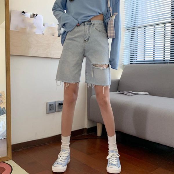 women's shorts pierced denim loose straight pants 2021 summer slim high waist medium, White;black
women's shorts pierced denim loose straight pants 2021 summer slim high waist medium, White;black
