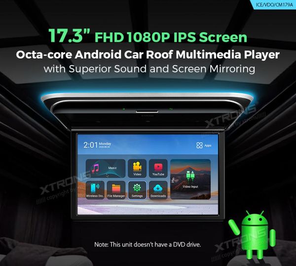 xtrons 17.3" android monitor 1080p video hd digital ips screen wide screen ultra-thin mounted car roof player ir fm usb 
xtrons 17.3" android monitor 1080p video hd digital ips screen wide screen ultra-thin mounted car roof player ir fm usb